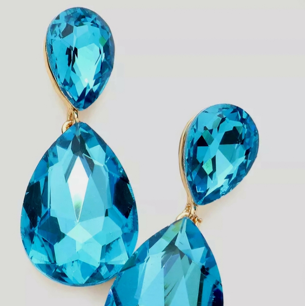 Elegant 2" Rhinestone Tear Drop Earrings in Beautiful Deep Aqua Blue